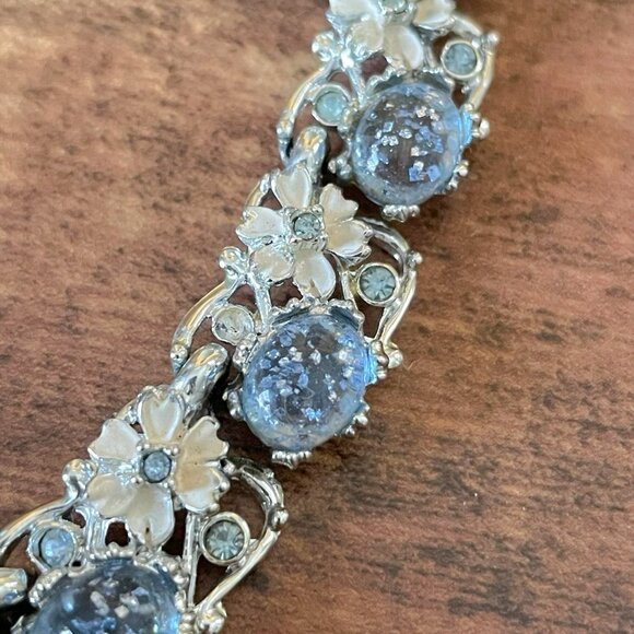 Vintage 1950s Choker Necklace Blue Rhinestone Confetti Lucite Floral Enamel READ - Picture 5 of 16